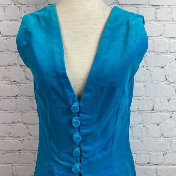 Vintage 60s Turquoise Velvet Button Front Sleeveless Dress - Picture 2 of 8